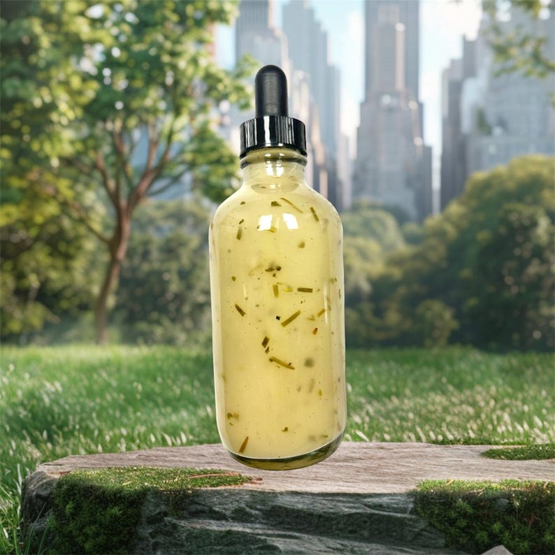 May include: A clear glass bottle with a dropper top filled with a light yellow liquid and green herbs. The bottle is sitting on a tree stump.