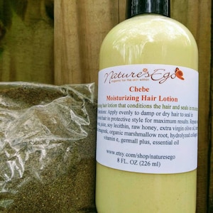 May include: A yellow plastic bottle of Chebe Moisturising Hair Lotion by Nature's Ego. The bottle is labelled with the brand name, product name, and ingredients. The bottle is 8 fl oz (226 ml).