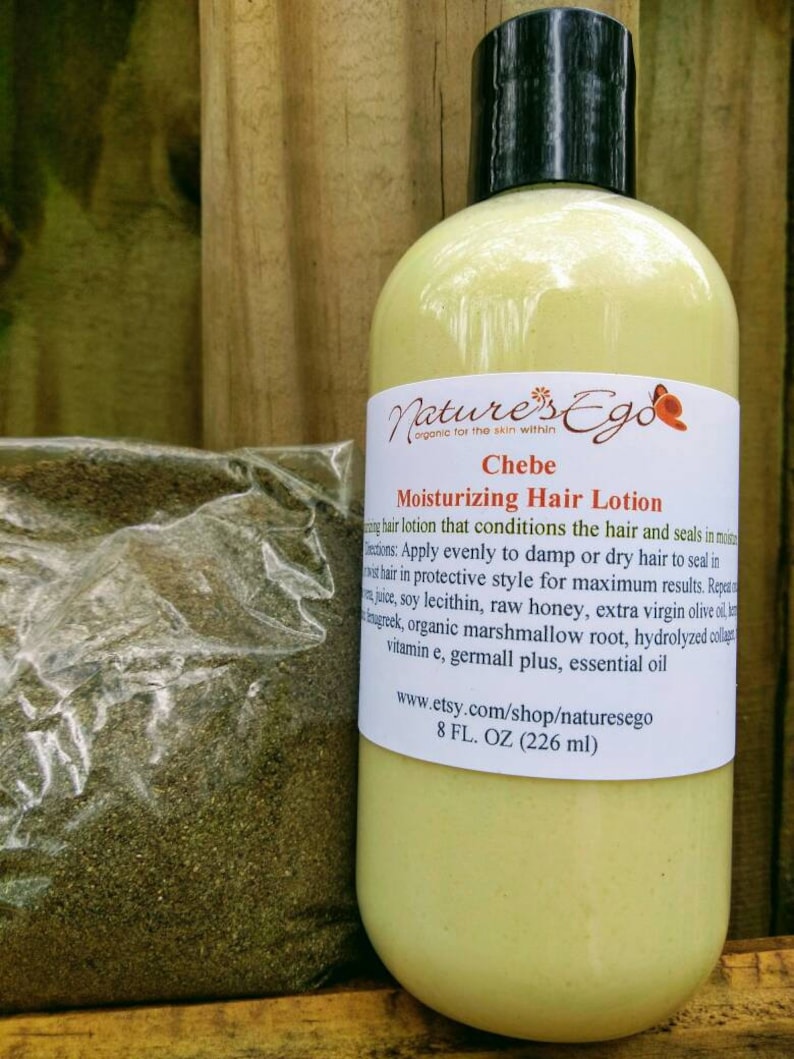 May include: A yellow plastic bottle of Chebe Moisturising Hair Lotion by Nature's Ego. The bottle is labelled with the brand name, product name, and ingredients. The bottle is 8 fl oz (226 ml).