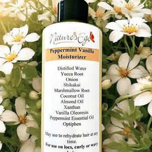 May include: A clear plastic bottle with a black pump top, labeled "Nature's Ego Peppermint Vanilla Moisturizer". The bottle is filled with a light yellow liquid. The label lists the ingredients, including distilled water, yucca root, onion, shikakai, marshmallow root, coconut oil, almond oil, xanthan, vanilla oleoresin, peppermint essential oil, and optiphen. The label also states that the product is for external use only and to discontinue use if an allergic reaction occurs. The bottle is 8 ounces (237 ml).