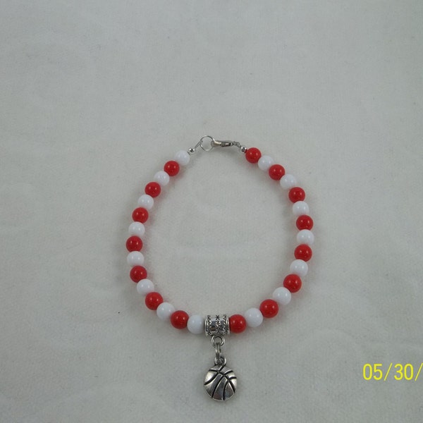 Red and White Glass Bead Basketball Charm Bracelet