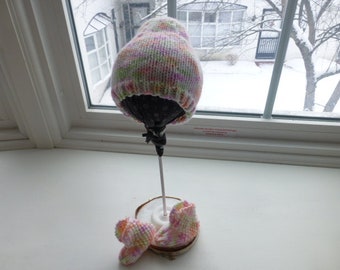 Baby Hat and Bootie set - Peach/Purple/Green 0-3 months