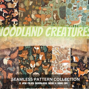 May include: A collection of eight seamless patterns featuring woodland creatures, mushrooms, and foliage. The patterns are in a variety of colors, including brown, green, orange, and blue. The patterns are perfect for use in crafting, scrapbooking, and other creative projects.