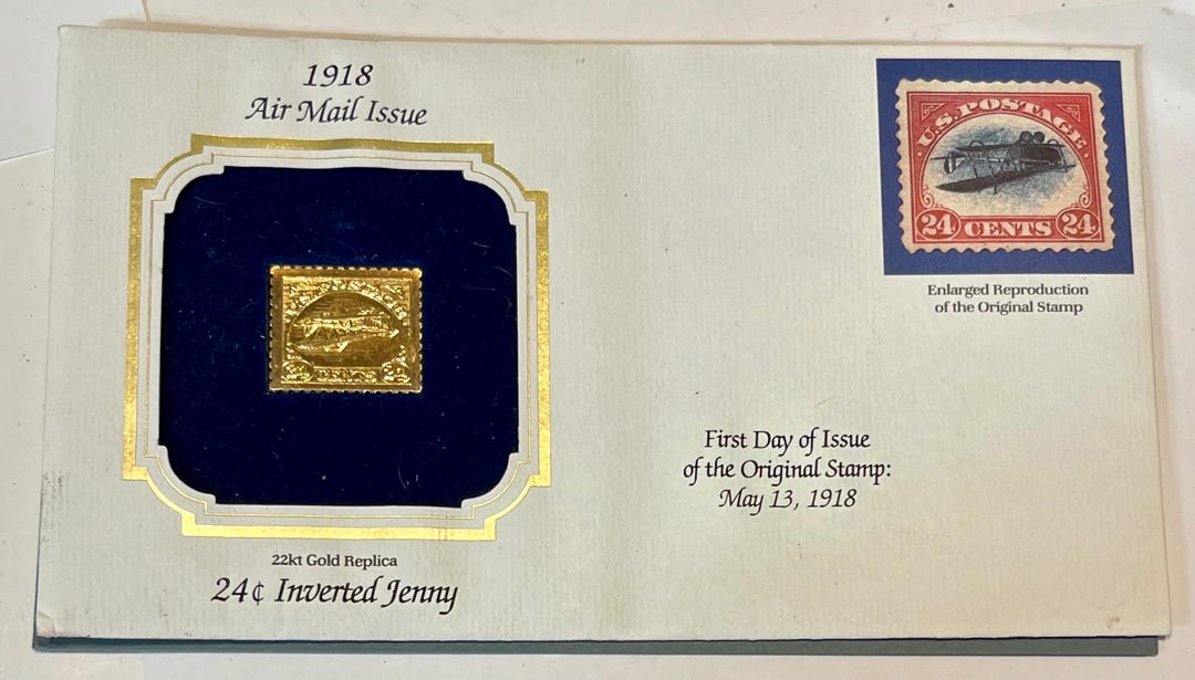 22kt Gold Replica of the 1918 24cents Air Mail Issue Stamp  Woden stamp Jesslynpadilla Grow symbol rare to find NEW never used original box main image 0