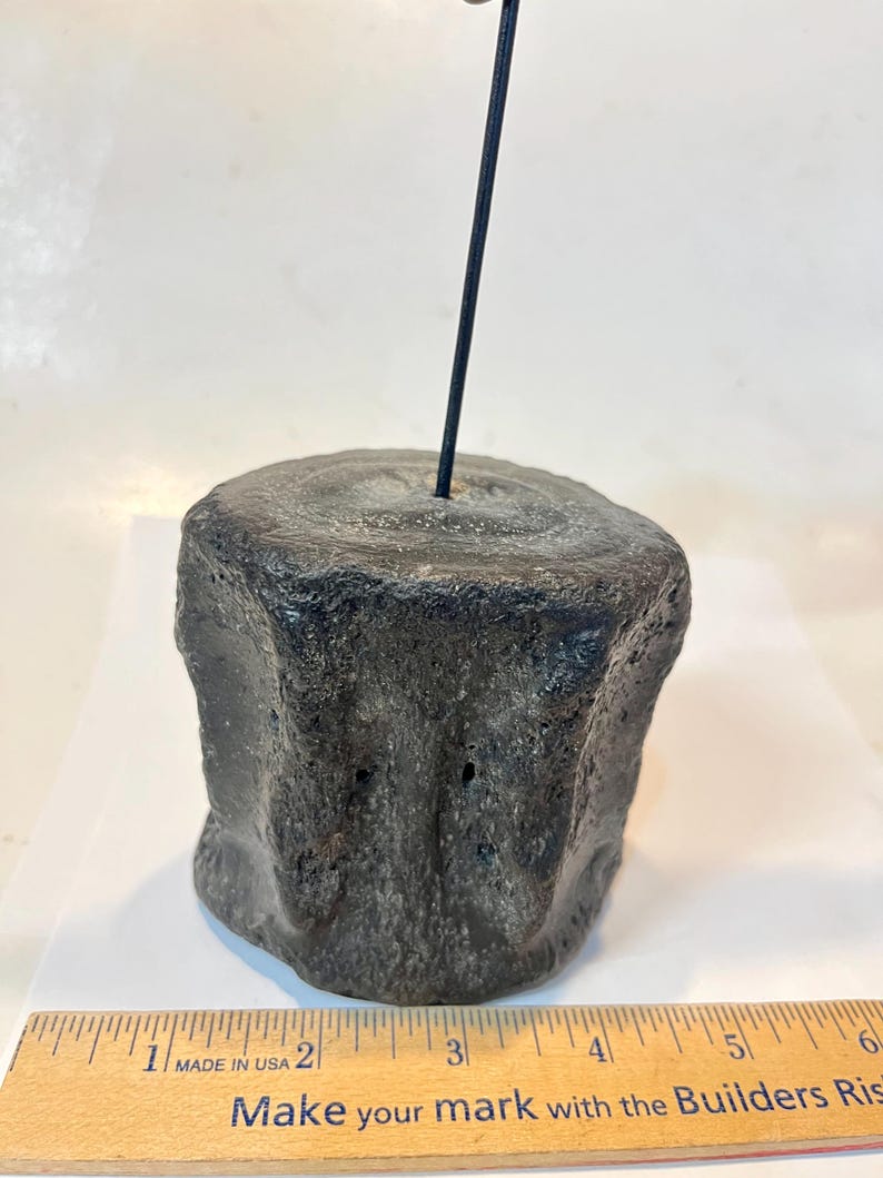 Pu&ograve; includere: Un segmento di osso fossilizzato cilindrico grigio scuro con una consistenza ruvida e porosa. Un sottile filo metallico nero si estende verticalmente dal centro della superficie superiore. Un righello di legno mostra una larghezza di 9 cm.