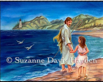 May include: A painting of a man with a beard and a staff walking on a beach with a young girl. The man is wearing a white robe and the girl is wearing a white dress. The background is a blue sky with a lighthouse on a distant island.