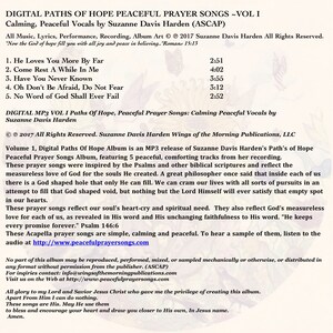 K&ouml;nnte beinhalten: Albumcover von Digital Paths of Hope Peaceful Prayer Songs - Vol I mit einem floralen Design, dem Titel und der Trackliste. Das Album ist von Suzanne Davis Harden und enth&auml;lt beruhigende, friedliche Gesangsstimmen.