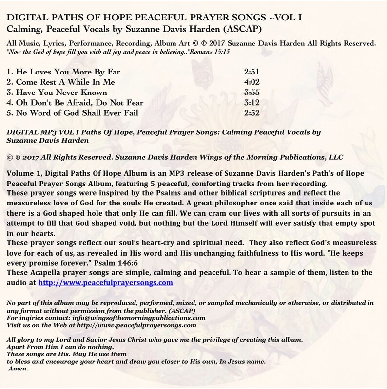 K&ouml;nnte beinhalten: Albumcover von Digital Paths of Hope Peaceful Prayer Songs - Vol I mit einem floralen Design, dem Titel und der Trackliste. Das Album ist von Suzanne Davis Harden und enth&auml;lt beruhigende, friedliche Gesangsstimmen.
