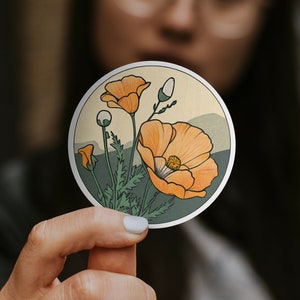 California Poppy Vinyl Sticker - Vibrant and Detailed Illustration for Water Bottles, Laptops, and More - Perfect for Nature Lovers