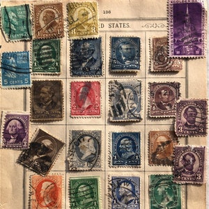 STAMP PAGE: 41 stamps and 8 indicium stamps from prepaid  postal envelopes George washington Abraham Lincoln Thomas Edison
