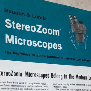 Bausch and Lomb StereoZoom MICROSCOPES - original 1950&#39;s vintage brochure & price list Science