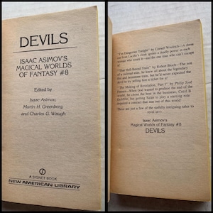 Może przedstawiać: Okładka książki z tytułem "Devils" i tekstem "Isaac Asimov's Magical Worlds of Fantasy #8". Okładka jest biała z czarnym tekstem i małym czarnym k&oacute;łkiem z białym punktem w środku.