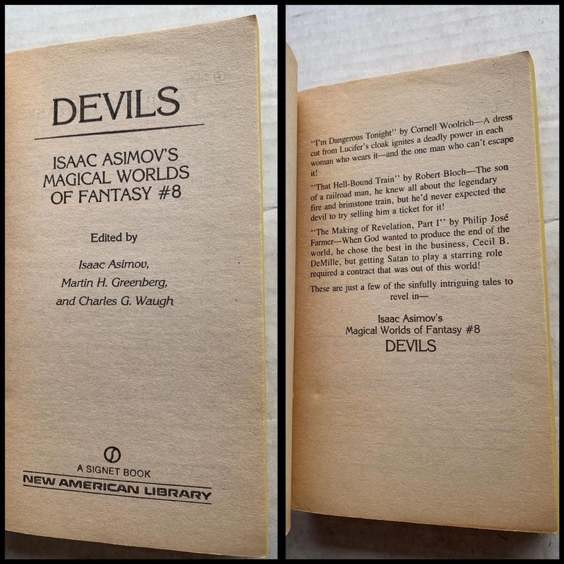 Może przedstawiać: Okładka książki z tytułem "Devils" i tekstem "Isaac Asimov's Magical Worlds of Fantasy #8". Okładka jest biała z czarnym tekstem i małym czarnym k&oacute;łkiem z białym punktem w środku.