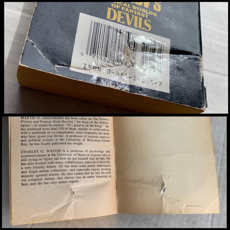 Może przedstawiać: Zbliżenie na tylną okładkę książki w miękkiej oprawie zatytułowanej "Devils: Magical Worlds of Fantasy". Książka zawiera kod kreskowy i numer ISBN. Tekst na tylnej okładce opisuje autor&oacute;w, Martina H. Greenberga i Charlesa G. Waugh.