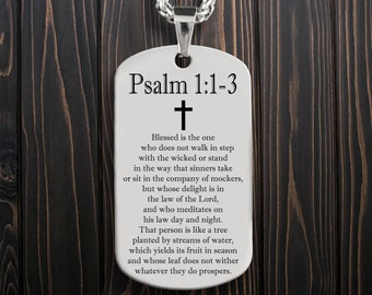 Personalized Bible Verse Psalm 1:1-3 Pendant With Free Laser Engraving, Custom Christianity Stainless Steel ID Necklace with Chain