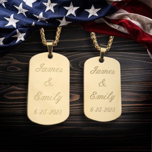 Engraved Couples Dog Tag Set, Love His & Hers Necklace, Gold Plated Stainless Steel Customized Jewelry Charm, Valentine&#39;s Day Gift