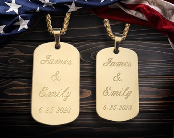 Engraved Couples Dog Tag Set, Love His & Hers Necklace, Gold Plated Stainless Steel Customized Jewelry Charm, Valentine's Day Gift