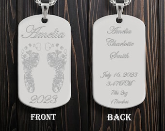 Personalized Baby Girl Double Footprint Pendant With Free Laser Engraving, Custom Stainless Steel Names ID Necklace with Chain