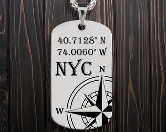 Personalized City Coordinates Dog Tag With Free Laser Engraving, Custom Stainless Steel Names ID Necklace with Chain