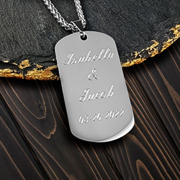 Personalized Dog Tag With Free Engraving, Stainless Steel Men's Necklace Customized with Chain