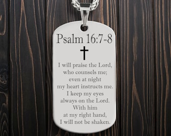 Personalized Bible Verse Psalm 16:7-8 Pendant With Free Laser Engraving, Custom Christianity Stainless Steel ID Necklace with Chain