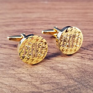 Gepersonaliseerde manchetknopen gratis gegraveerd, cirkel gouden designer Houndstooth manchetknopen op maat