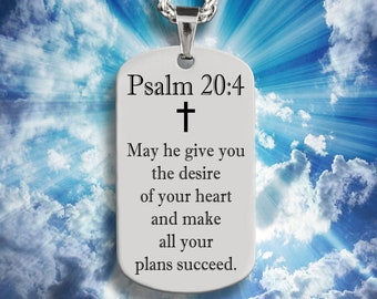 Personalized Bible Verse Psalm 20:4 Pendant With Free Laser Engraving, Custom Christianity Stainless Steel ID Necklace with Chain