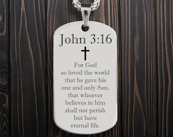 Personalized Bible Quote John 3:16 Pendant With Free Laser Engraving, Custom Christianity Stainless Steel ID Necklace with Chain