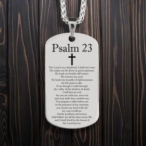 Personalized Bible Verse Psalm 23 Pendant With Free Laser Engraving, Custom Christianity Stainless Steel ID Necklace with Chain