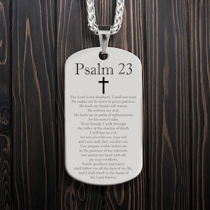 Personalized Bible Verse Psalm 23 Pendant With Free Laser Engraving, Custom Christianity Stainless Steel ID Necklace with Chain