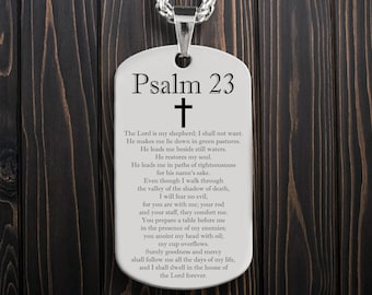 Colgante personalizado con versículo bíblico del Salmo 23 con grabado láser gratuito, collar de identificación de acero inoxidable con cadena y diseño cristiano personalizado