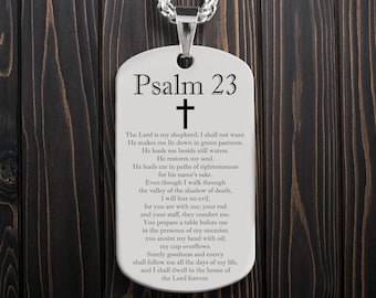 Personalized Bible Verse Psalm 23 Pendant With Free Laser Engraving, Custom Christianity Stainless Steel ID Necklace with Chain