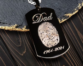 Fingerprint Dog Tag, Personalized Necklace, Remembrance Gift, Engraved Black Dog Tag, Customized Chain
