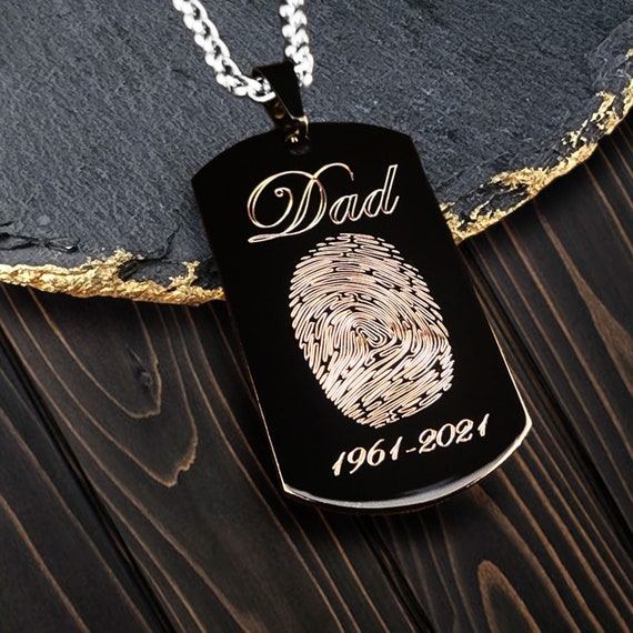 Fingerprint Dog Tag, Personalized Necklace, Remembrance Gift, Engraved Black Dog Tag, Customized Chain