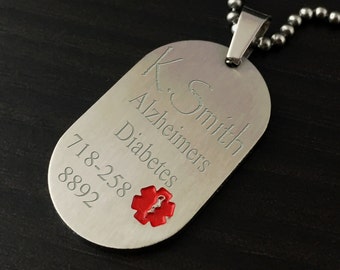 Medical Alert Stainless Steel Dog Tag Pendant, Engraved for Free