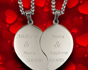 Custom Couples Necklace Broken Heart, Valentine's Day Pendant Engraved for Free, Stainless Steel Customized Chain Personalized Love Necklace