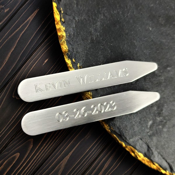 Personalized Collar Stays,  Brushed Stainless Steel Collar Stiffeners, Engraved for Free, Customized Shirt Stays, Wedding Favor