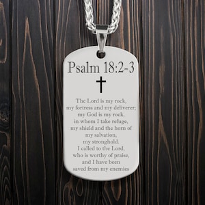 Pendentif personnalisé psaume 18:2-3 de versets bibliques avec gravure laser gratuite, collier d'identification chrétien en acier inoxydable personnalisé avec chaîne