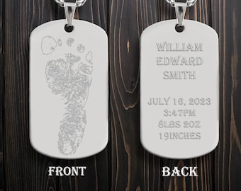 Personalized Baby Boy Footprint Pendant With Free Laser Engraving, Custom Stainless Steel Names ID Necklace with Chain