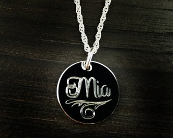 Engraved Necklace, Personalized Circle Pendant , Stainless Steel Engraved Custom Pendant, Silver Color Ladies Necklace