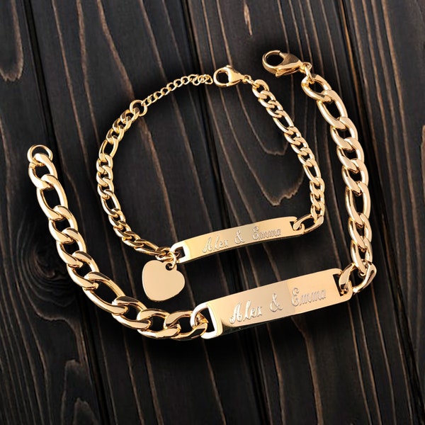 Zestaw bransoletek dla par, biżuteria na zamówienie, spersonalizowany prezent na Walentynki, zestaw bransoletek z identyfikatorem dla niego i dla niej, pozłacanych 18-karatowym złotem