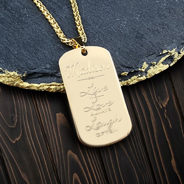 Personalized Ladies Pendant Dog Tag With Free Engraving, Customized Stainless Steel Gold Color Necklace with Chain