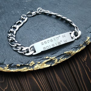 Coordinates Personalized Men's ID Bracelet, Stainless Steel Bracelet Custom Monogrammed, Engraved Bracelet for Men, Popular Right Now