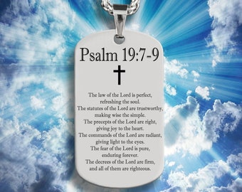 Personalized Bible Verse Psalm 19:7-9 Pendant With Free Laser Engraving, Custom Christianity Stainless Steel ID Necklace with Chain