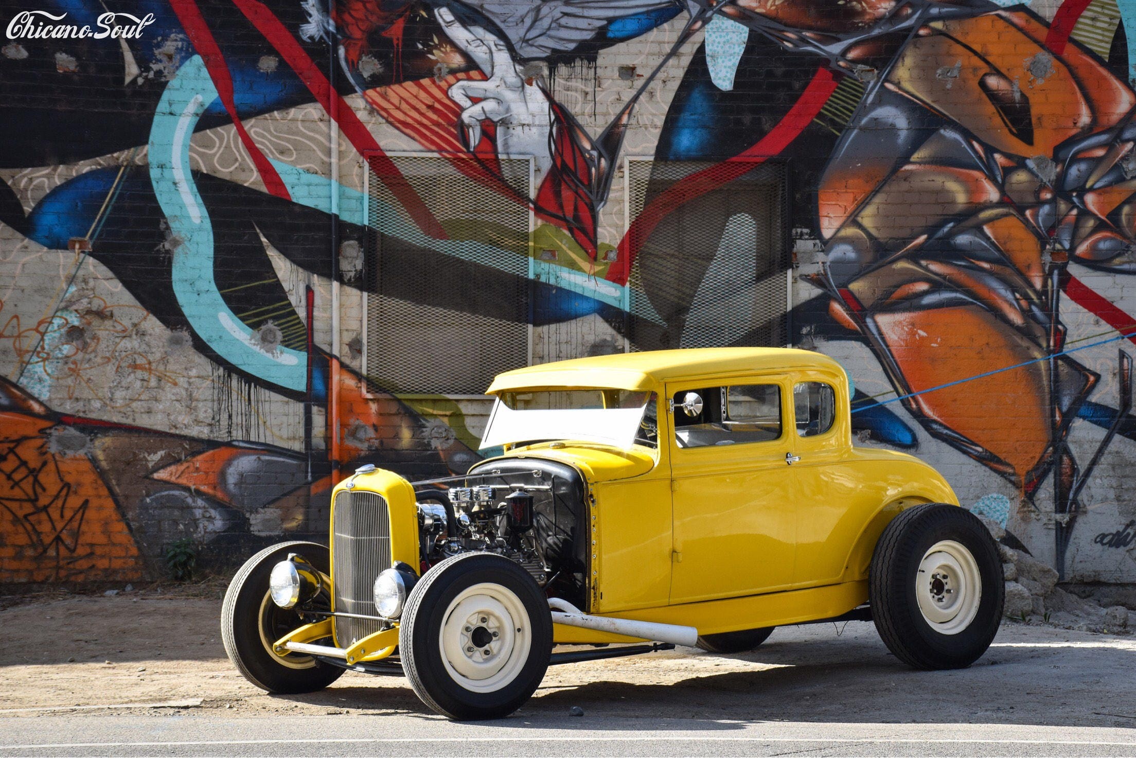 American Graffiti Yellow Coupe in DTLA Ford Coupe Deuce Coupe
