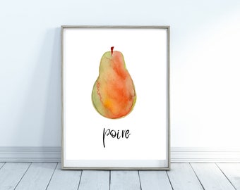 Bartlett pear watercolor, fruit drawing for the kitchen, simple minimalist art, instant download