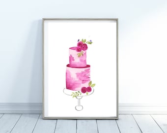 Watercolor Print of a Pink Double Tier Cake || 5.5 x 8.5 inches, instant download