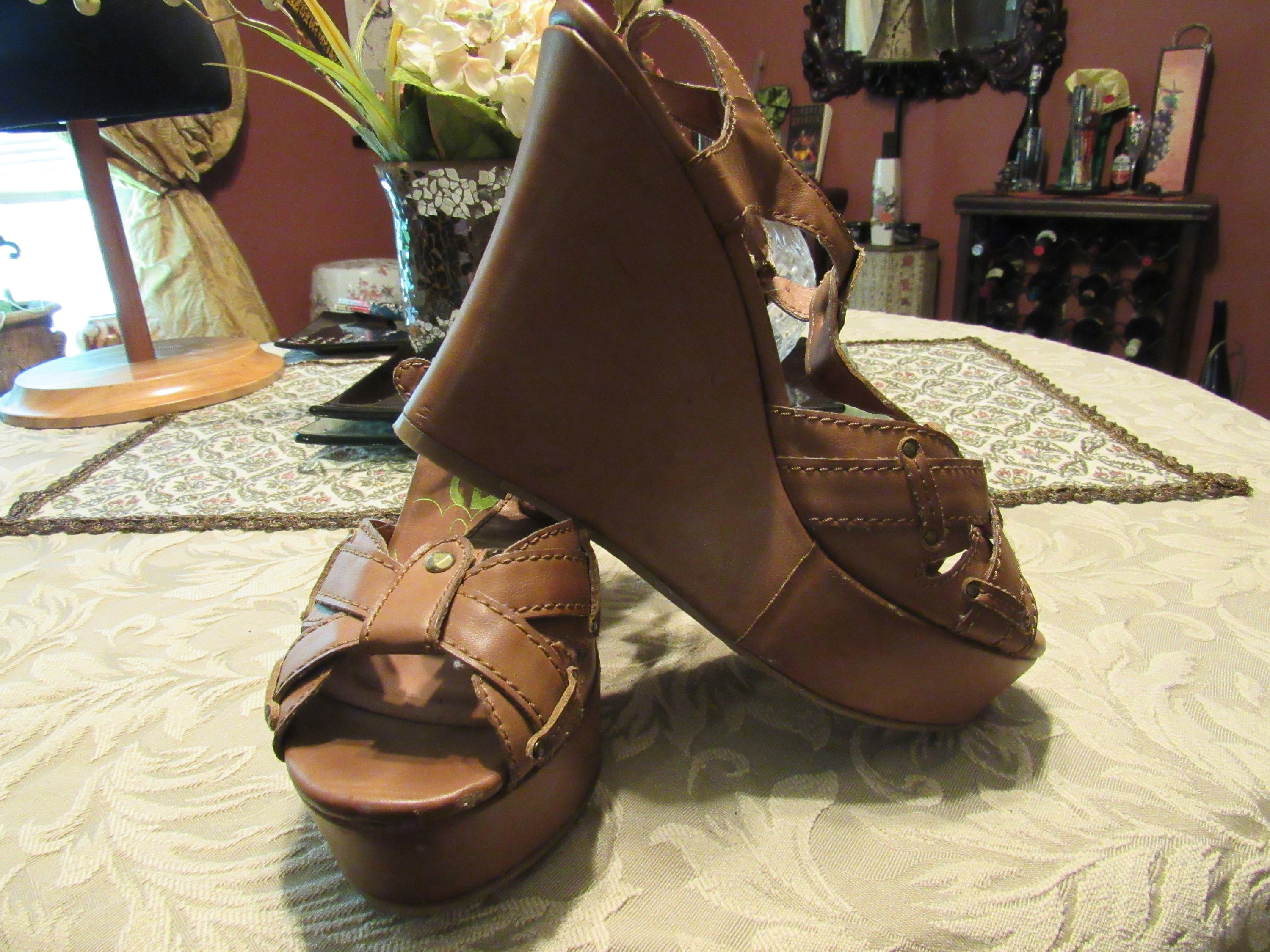 Dark Tan Genuine Leather Platform Wedge Heel Sandals Size 7 | Etsy