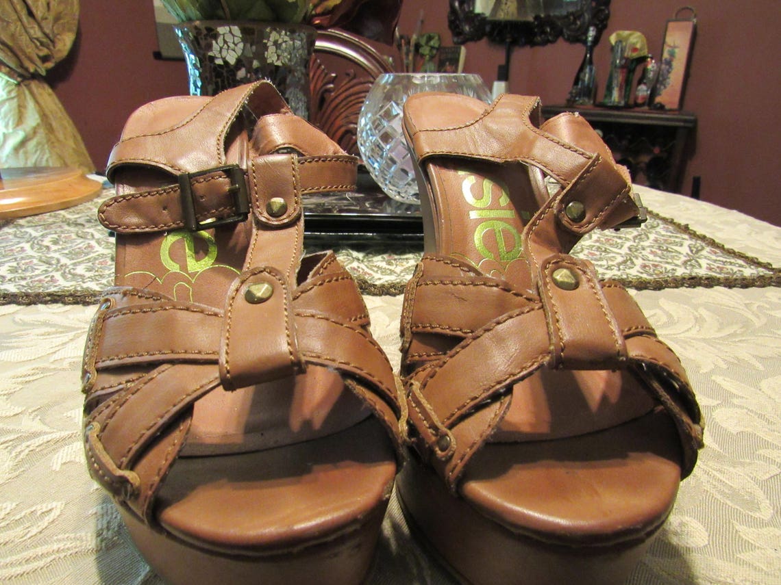 Dark Tan Genuine Leather Platform Wedge Heel Sandals Size 7 | Etsy