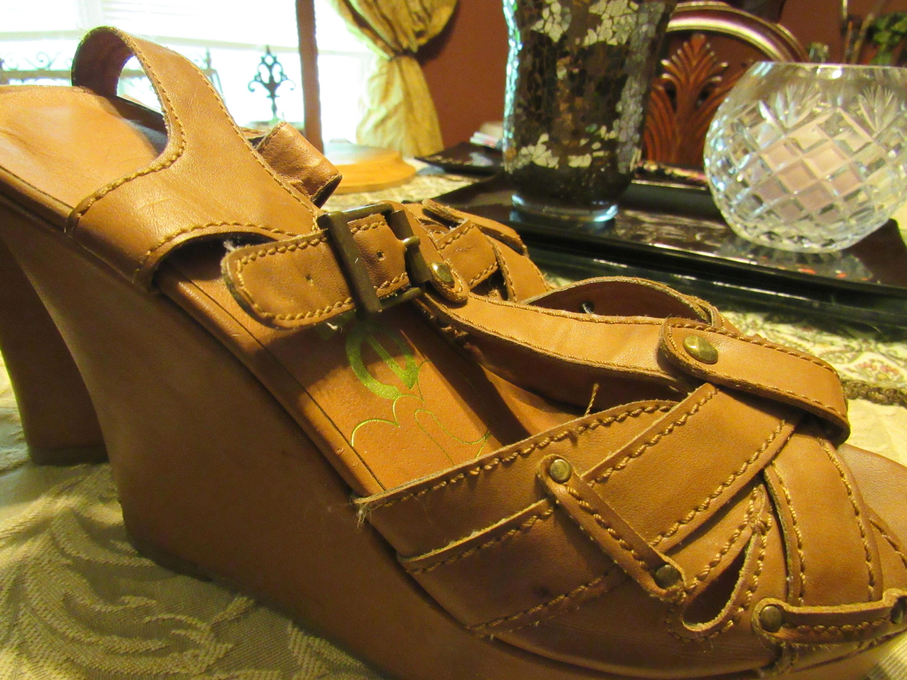 Dark Tan Genuine Leather Platform Wedge Heel Sandals Size 7 | Etsy